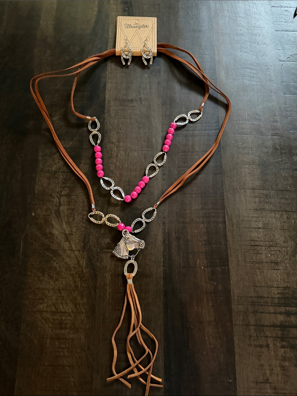 Wrangler Hot Pink Beaded Brown Leather Tassel Necklace with Silver Horse Charm